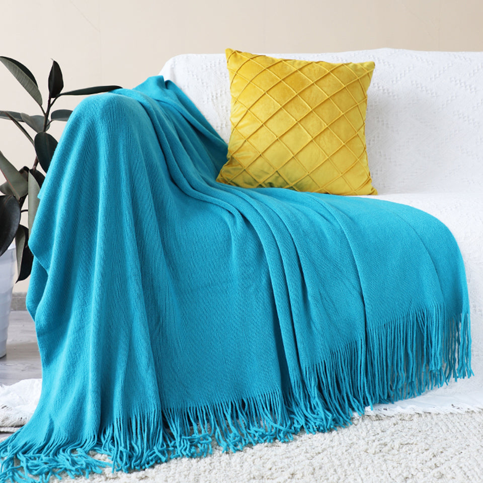 SOGA Blue Acrylic Knitted Throw Blanket Solid Fringed Warm Cozy Woven Cover Couch Bed Sofa Home Decor