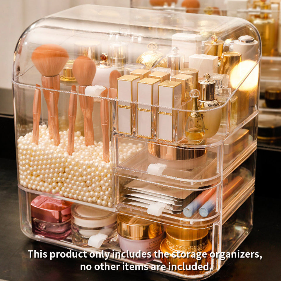 SOGA Transparent Cosmetic Storage Box Clear Makeup Skincare Holder with Lid Drawers Waterproof  Dustproof Organiser with Pearls