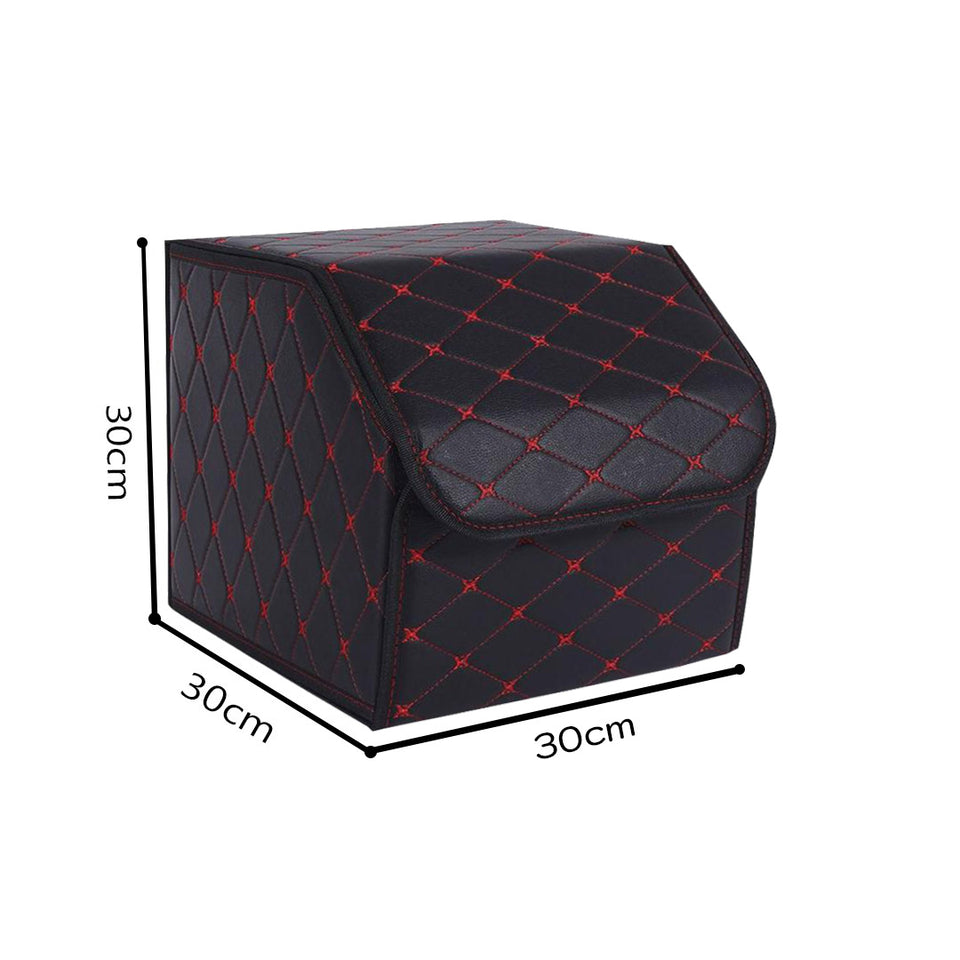 SOGA Leather Car Boot Collapsible Foldable Trunk Cargo Organizer Portable Storage Box Black/Red Stitch Small
