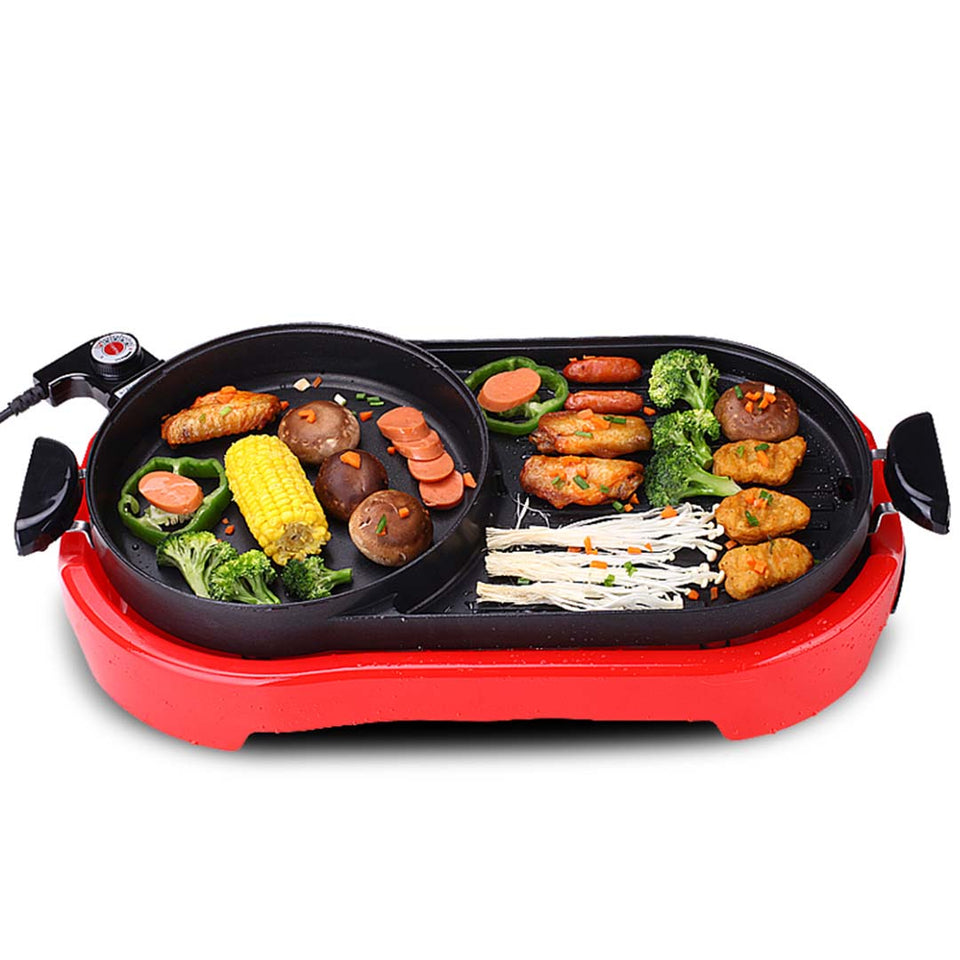 SOGA 2X 2 in 1 BBQ Electric Pan Grill Teppanyaki Stainless Steel Hot Pot Steamboat Red