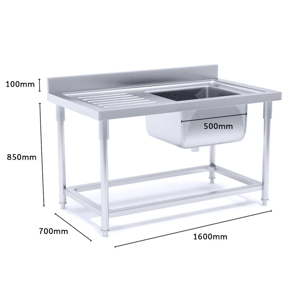 SOGA Stainless Steel Work Bench Right Sink Commercial Restaurant Kitchen Food Prep 160*70*85