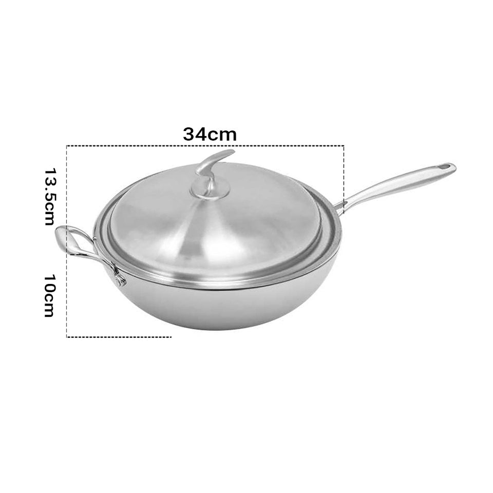 SOGA 2X 18/10 Stainless Steel Fry Pan 34cm Frying Pan Top Grade Textured Non Stick Interior Skillet with Helper Handle and Lid