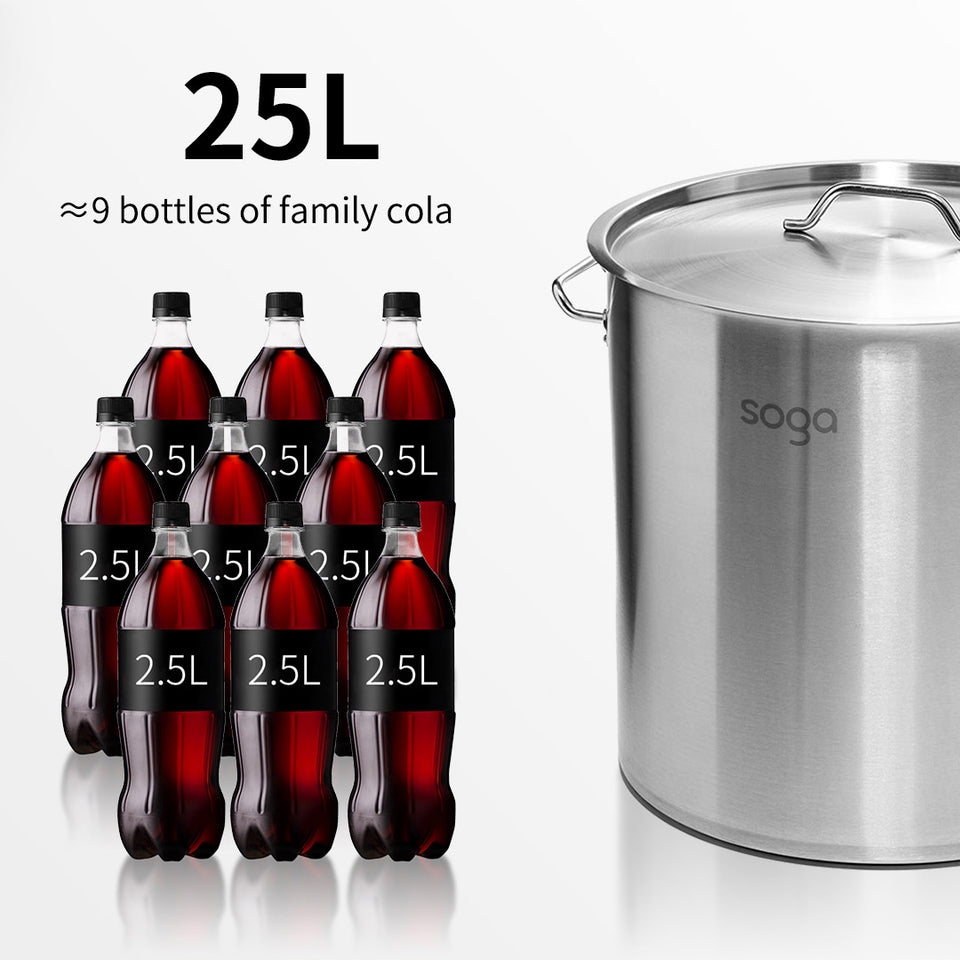 SOGA Stock Pot 25L Top Grade Thick Stainless Steel Stockpot 18/10