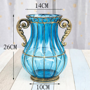SOGA Blue Colored Glass Flower Vase with 8 Bunch 3 Heads Artificial Fake Silk Hibiscus Home Decor Set