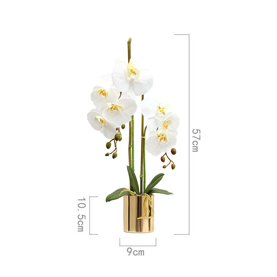 SOGA White Artificial Fake Orchid Flower in Copper Metal Vase Set