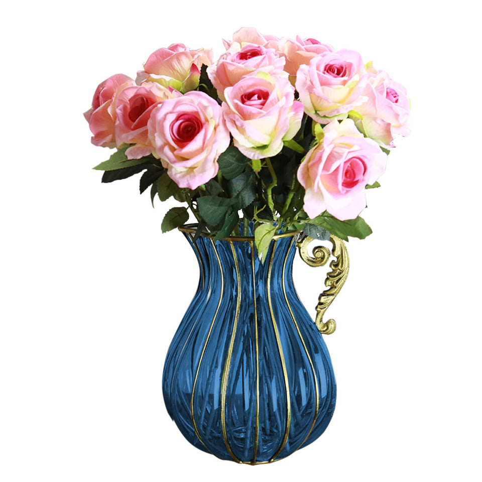 SOGA Blue European Colored Glass Home Decor Jar Flower Vase with Metal Handle
