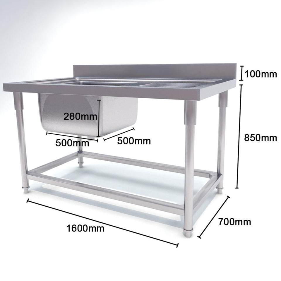 SOGA Commercial Kitchen Sink Work Bench Stainless Steel Food Prep 160*70*85cm