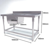 SOGA Commercial Kitchen Sink Work Bench Stainless Steel Food Prep 160*70*85cm