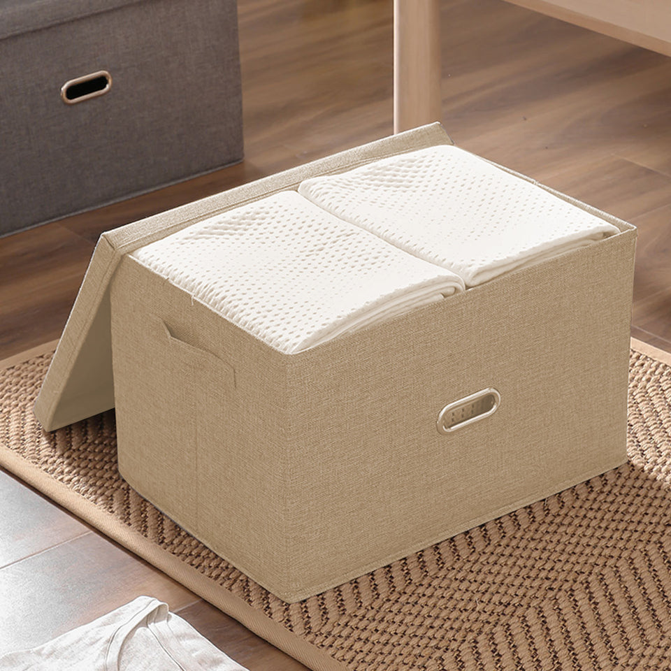 SOGA 2X Beige Small Foldable Canvas Storage Box Cube Clothes Basket Organiser Home Decorative Box