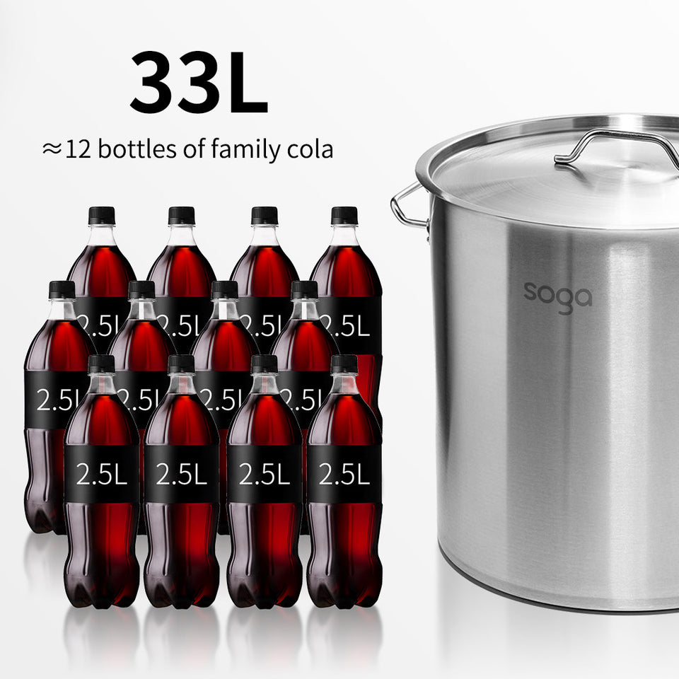 SOGA Stock Pot 33L Top Grade Thick Stainless Steel Stockpot 18/10