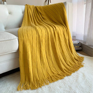SOGA Mustard Textured Knitted Throw Blanket Warm Cozy Woven Cover Couch Bed Sofa Home Decor with Tassels