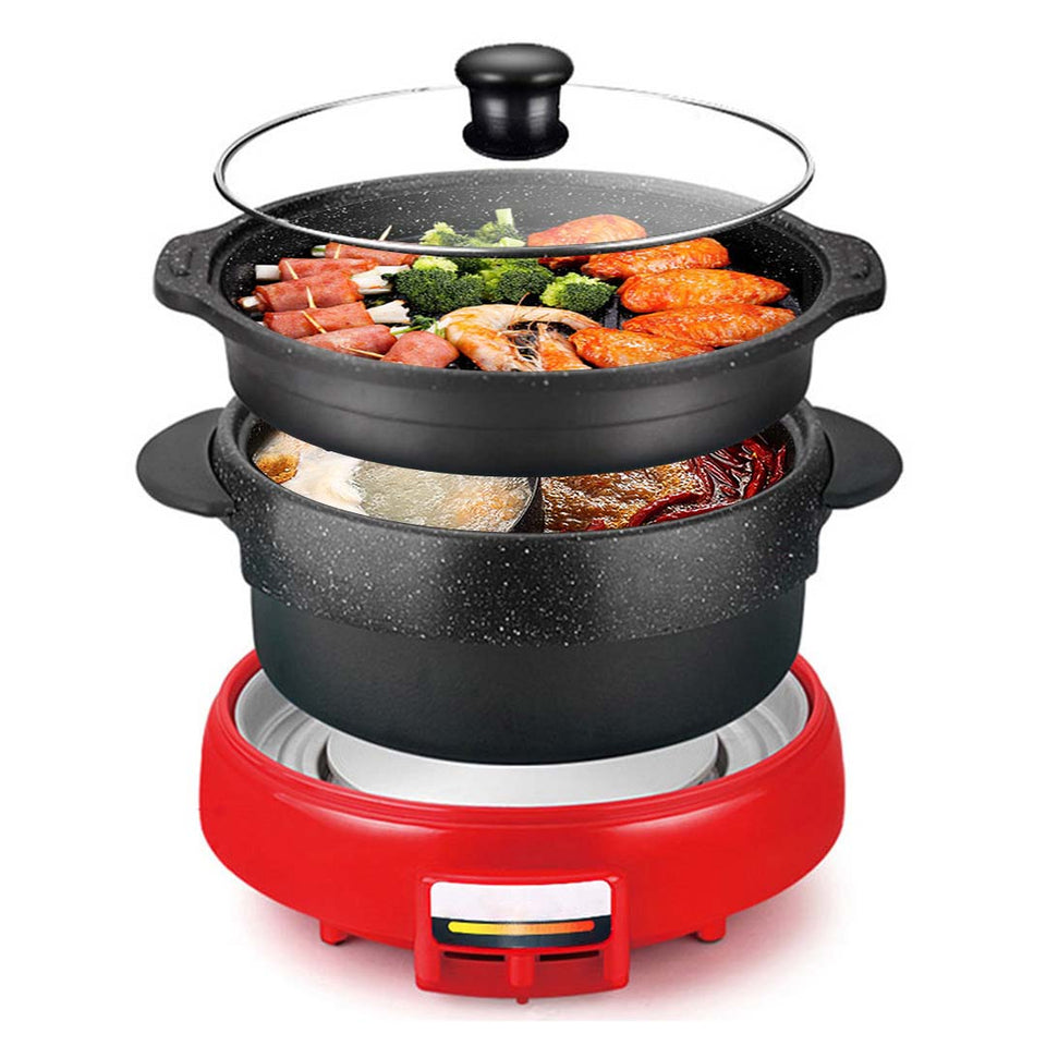 2 in 1 Electric Steamboat Hotpot Teppanyaki Asian Soup Fondue With Division
