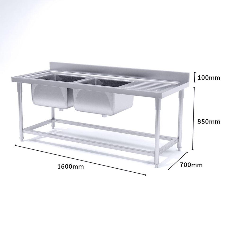 SOGA Commercial Kitchen Double Sink Work Bench Stainless Steel Food Prep 160*70*85cm