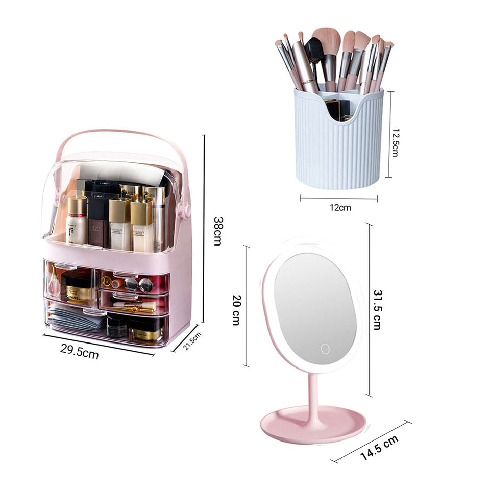 SOGA 3 Tier Pink Countertop Cosmetic Makeup Brush Lipstick Holder Organiser and 20cm Rechargeable LED Light Tabletop Mirror Set