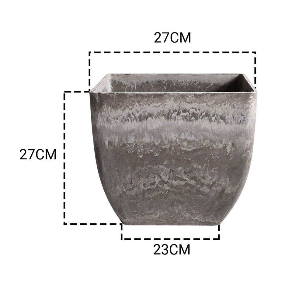 SOGA 2X 27cm Rock Grey Square Resin Plant Flower Pot in Cement Pattern Planter Cachepot for Indoor Home Office