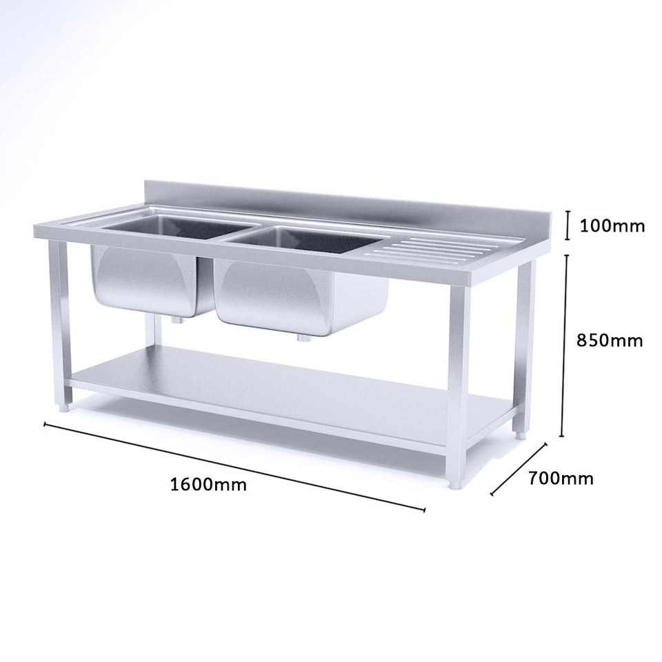 SOGA Stainless Steel Double Sink Bowl Work Bench Commercial Restaurant Food Prep Table 160*70*85cm
