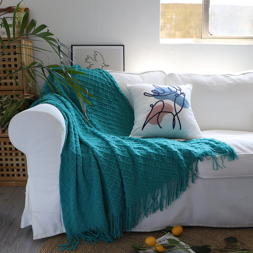 SOGA 2X Teal Diamond Pattern Knitted Throw Blanket Warm Cozy Woven Cover Couch Bed Sofa Home Decor with Tassels