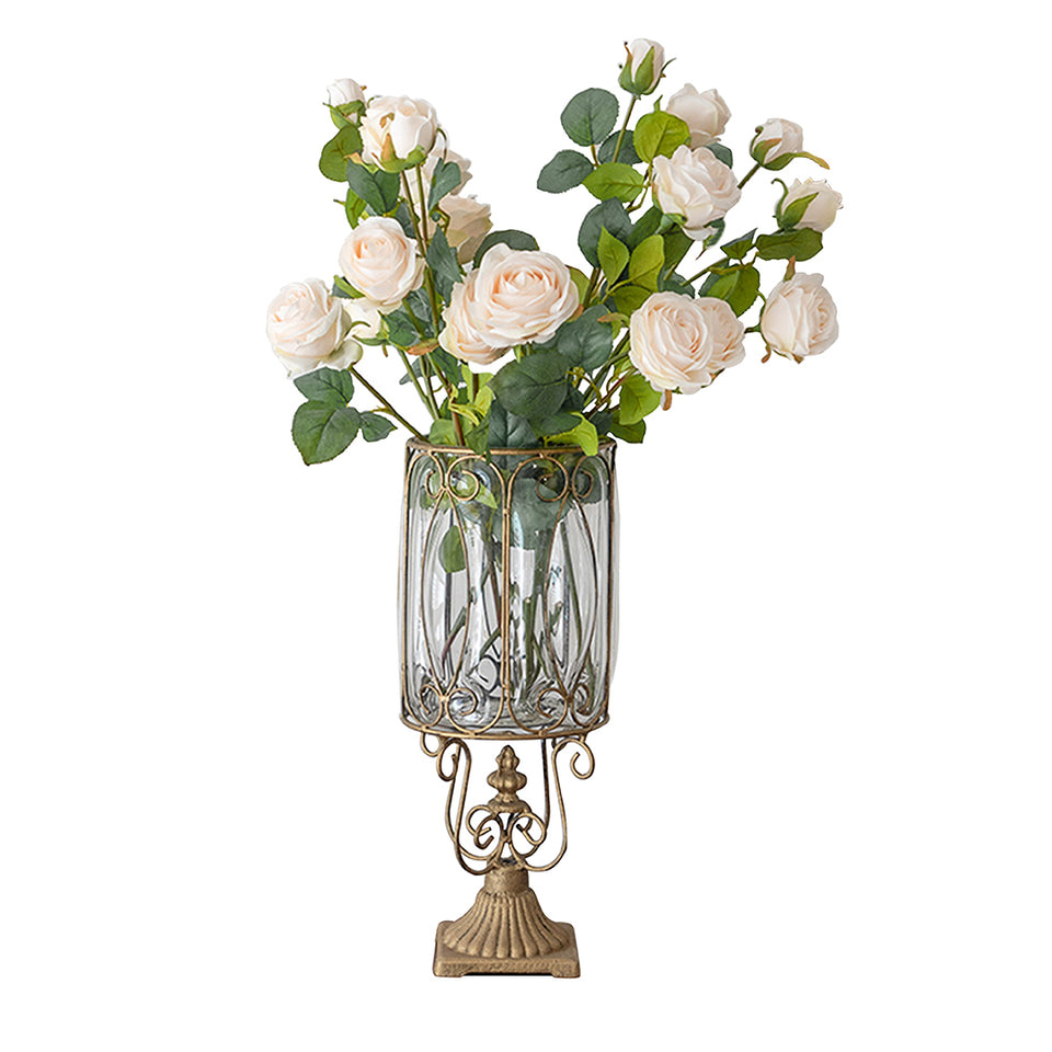SOGA European Clear Glass Cylinder Flower Vase Solid Base with Gold Metal Pattern