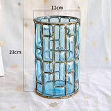 SOGA Blue Glass Cylinder Flower Vase with 8 Bunch 5 Heads Artificial Fake Silk Rose Home Decor Set