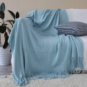 SOGA 2X Sky Blue Acrylic Knitted Throw Blanket Solid Fringed Warm Cozy Woven Cover Couch Bed Sofa Home Decor
