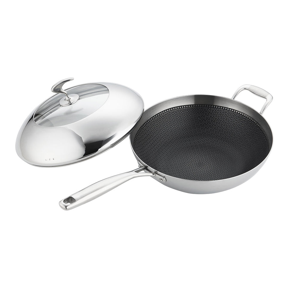 SOGA 18/10 Stainless Steel Fry Pan 32cm Frying Pan Top Grade Non Stick Interior Skillet with Helper Handle and Lid