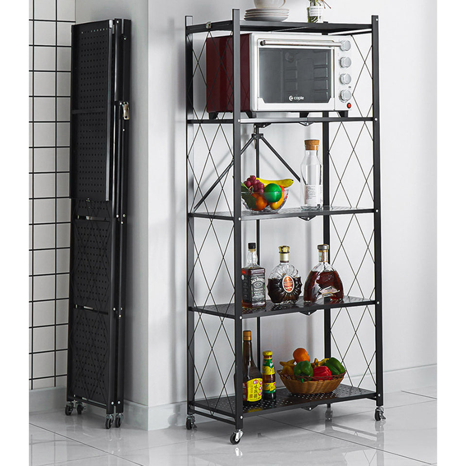 SOGA 5 Tier Steel Black Foldable Kitchen Cart Multi-Functional Shelves Storage Organizer with Wheels