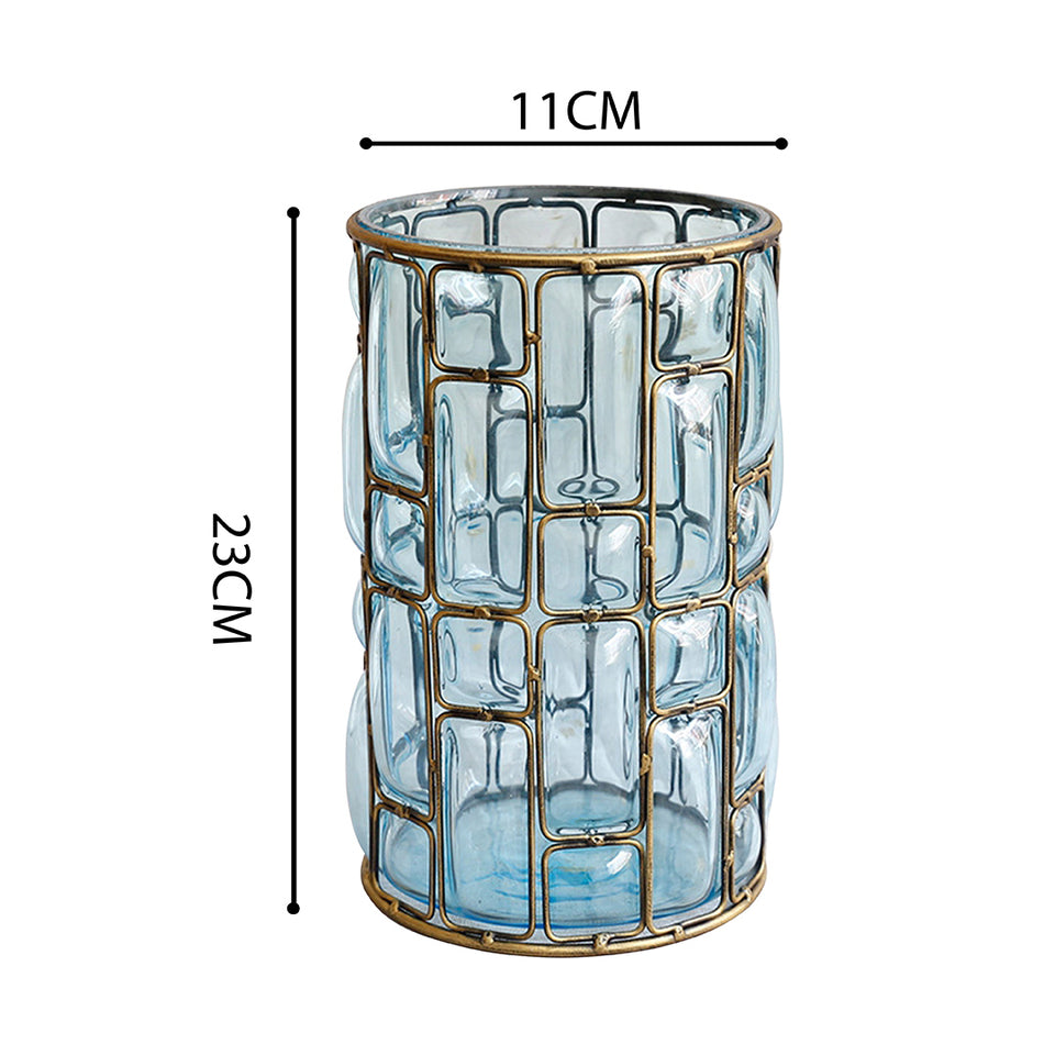 SOGA Blue Colored European Glass Cylinder Flower Vase with Gold Metal Pattern