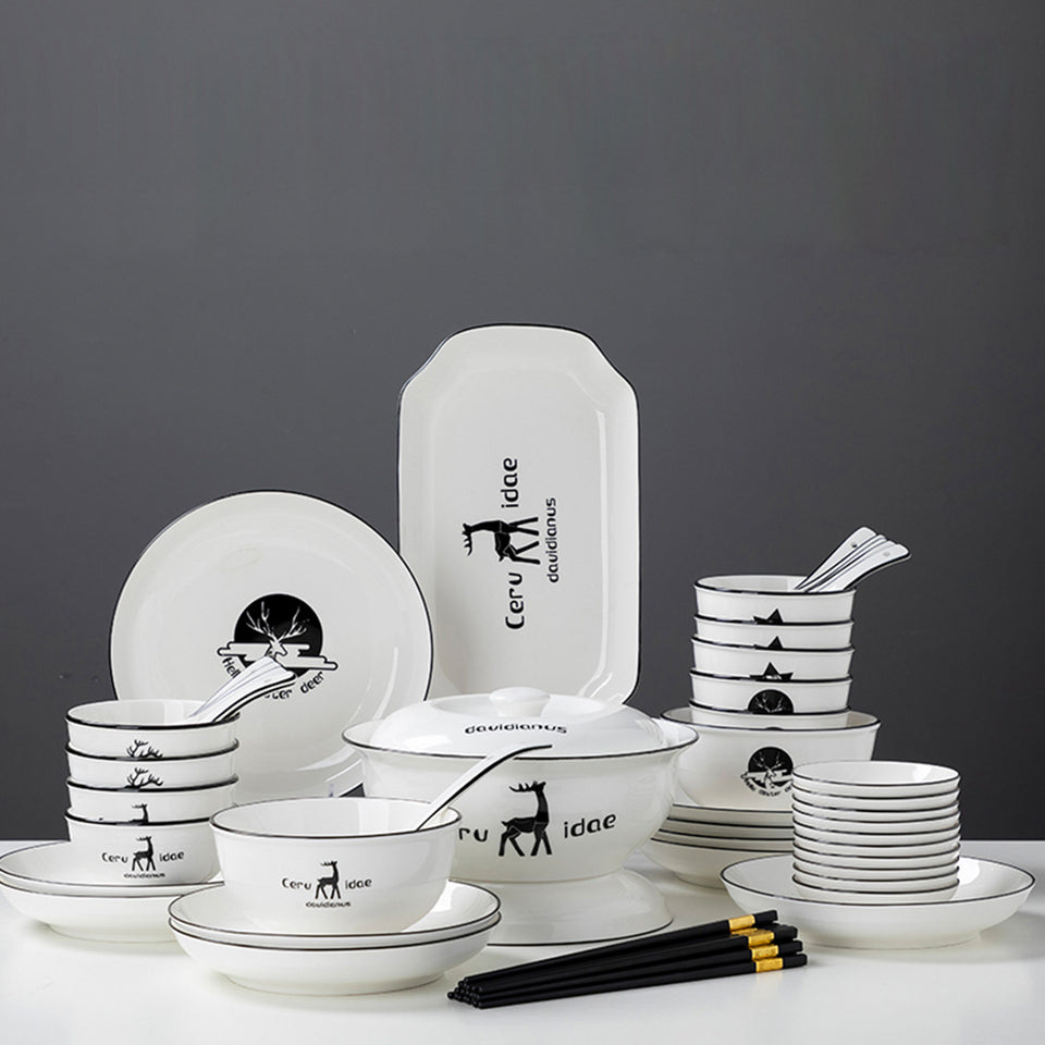 SOGA White Antler Printed Ceramic Dinnerware Set Crockery Soup Bowl Plate Server Kitchen Home Decor Set of 34