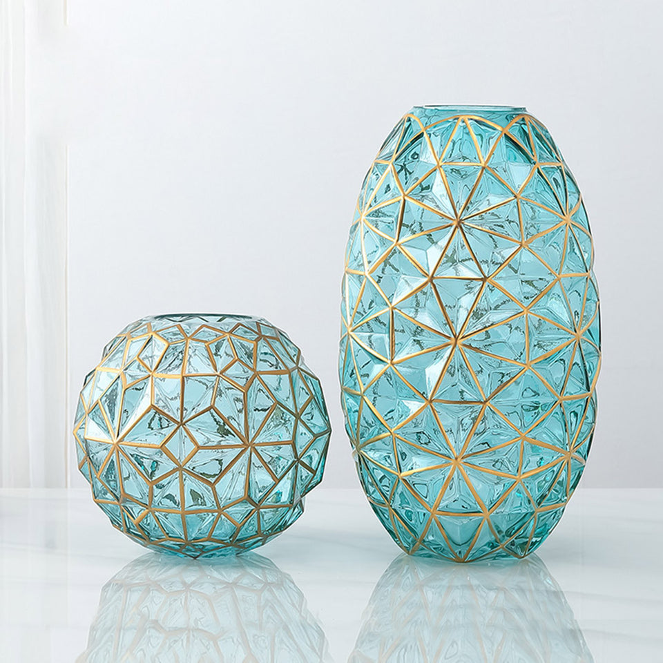 SOGA Green Colored Diamond Cut Glass Flower Vase Round Jar Home Decor with Gold Accent