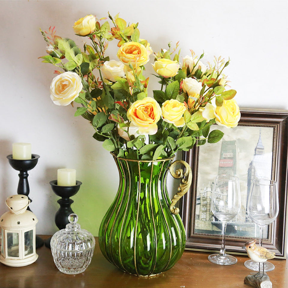 SOGA Green European Colored Glass Home Decor Jar Flower Vase with Metal Handle
