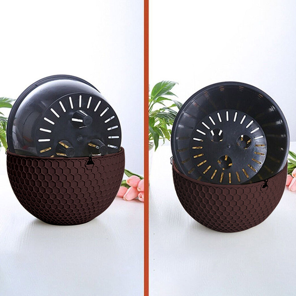 SOGA 2X Coffee Medium Hanging Resin Flower Pot Self Watering Basket Planter Outdoor Garden Decor