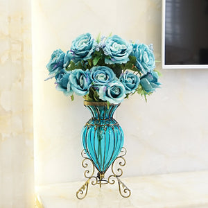 SOGA Blue Colored European Glass Floor Home Decor Flower Vase with Metal Stand