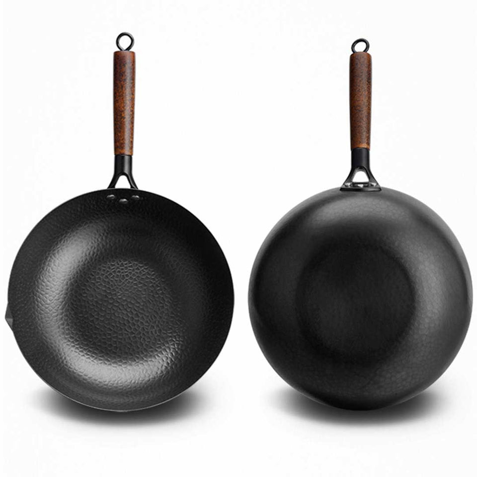 SOGA Commercial Iron Wok with Wooden Handle and Lid 32cm Non-Stick Fry Pan FryPan