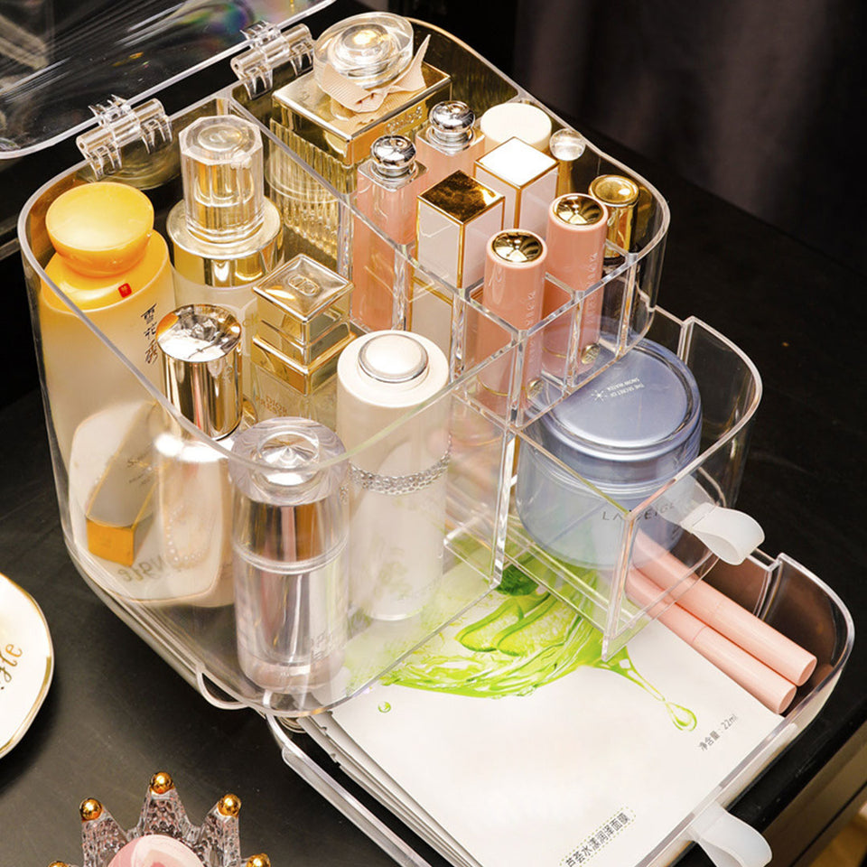 SOGA 2X Transparent Cosmetic Storage Box Clear Makeup Skincare Holder with Lid Drawers Waterproof  Dustproof Organiser