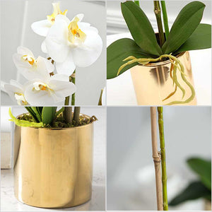 SOGA White Artificial Fake Orchid Flower in Copper Metal Vase Set
