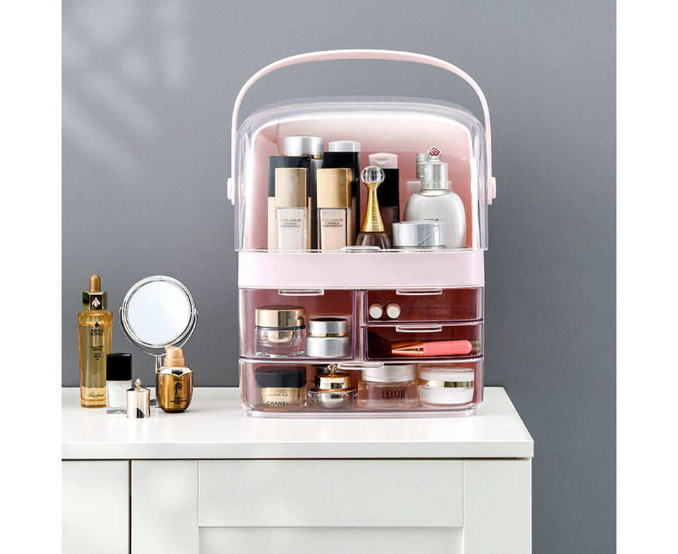 SOGA 2X 3 Tier Pink Countertop Makeup Cosmetic Storage Organiser Skincare Holder Jewelry Storage Box with Handle