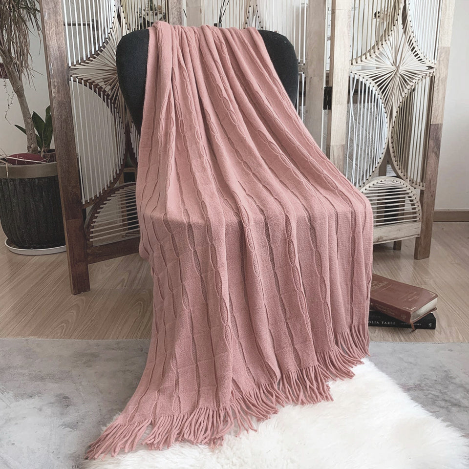 SOGA Pink Textured Knitted Throw Blanket Warm Cozy Woven Cover Couch Bed Sofa Home Decor with Tassels