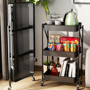 SOGA 3 Tier Steel Black Foldable Kitchen Cart Multi-Functional Shelves Storage Organizer with Wheels