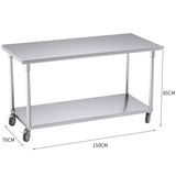 SOGA 150cm Commercial Catering Kitchen Stainless Steel Prep Work Bench Table with Wheels
