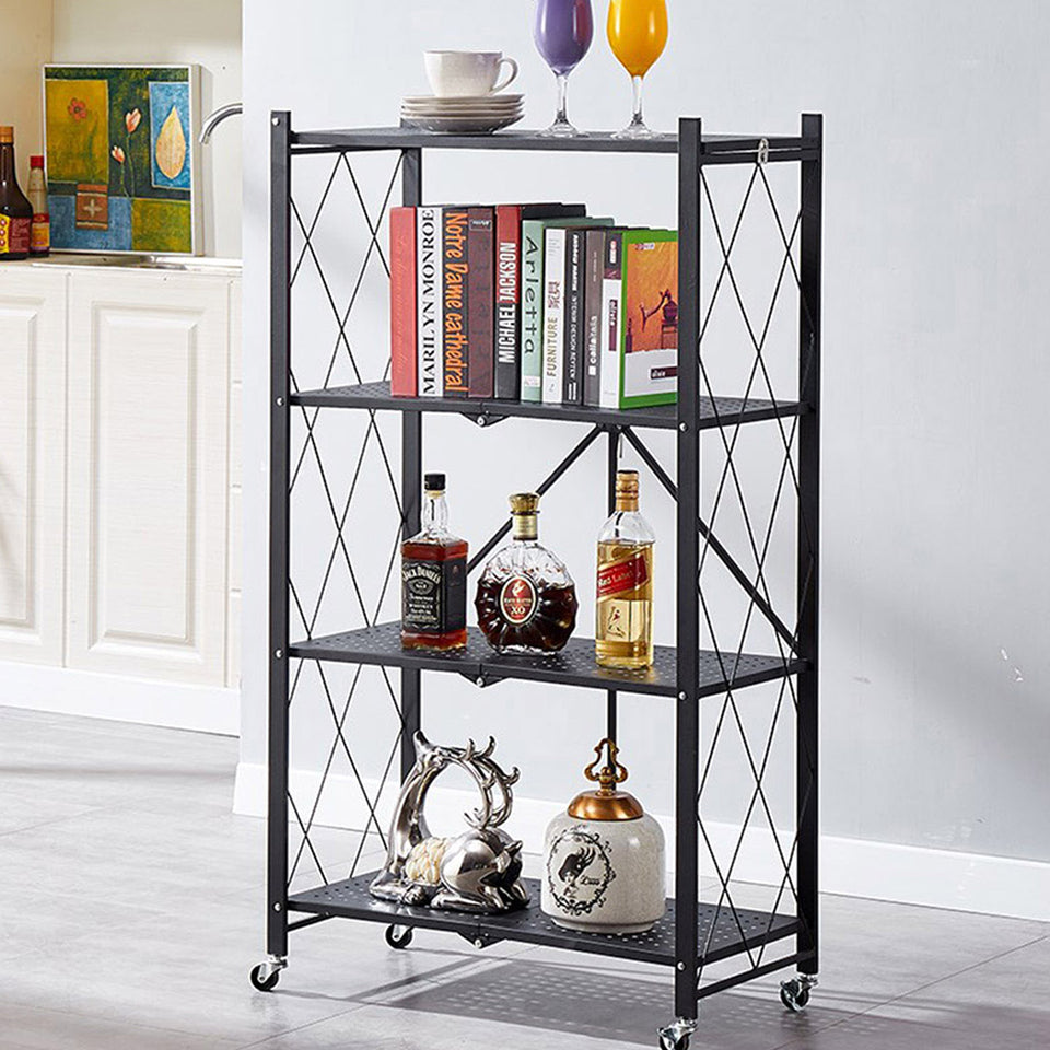 SOGA 2X 4 Tier Steel Black Foldable Kitchen Cart Multi-Functional Shelves Storage Organizer with Wheels