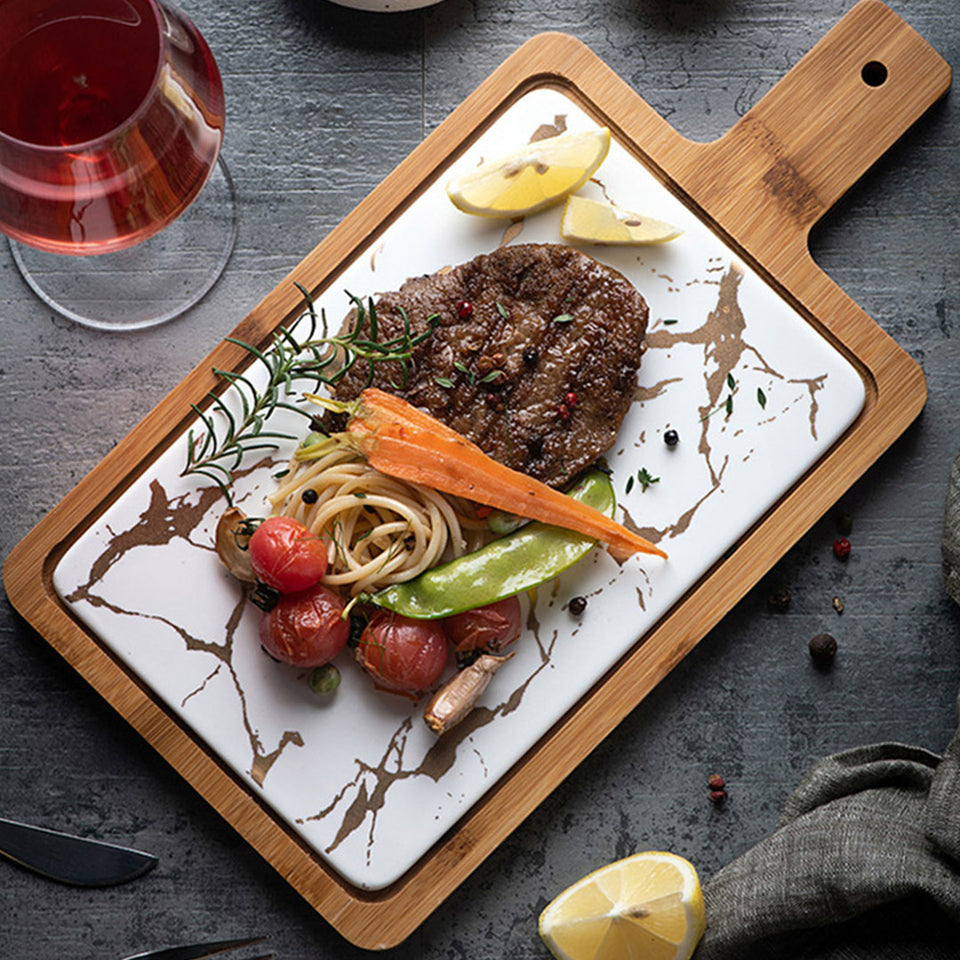 SOGA 33.5cm White Square Wooden Serving Tray Slate Steak Serving Platter Chopping Board Paddle Home Decor