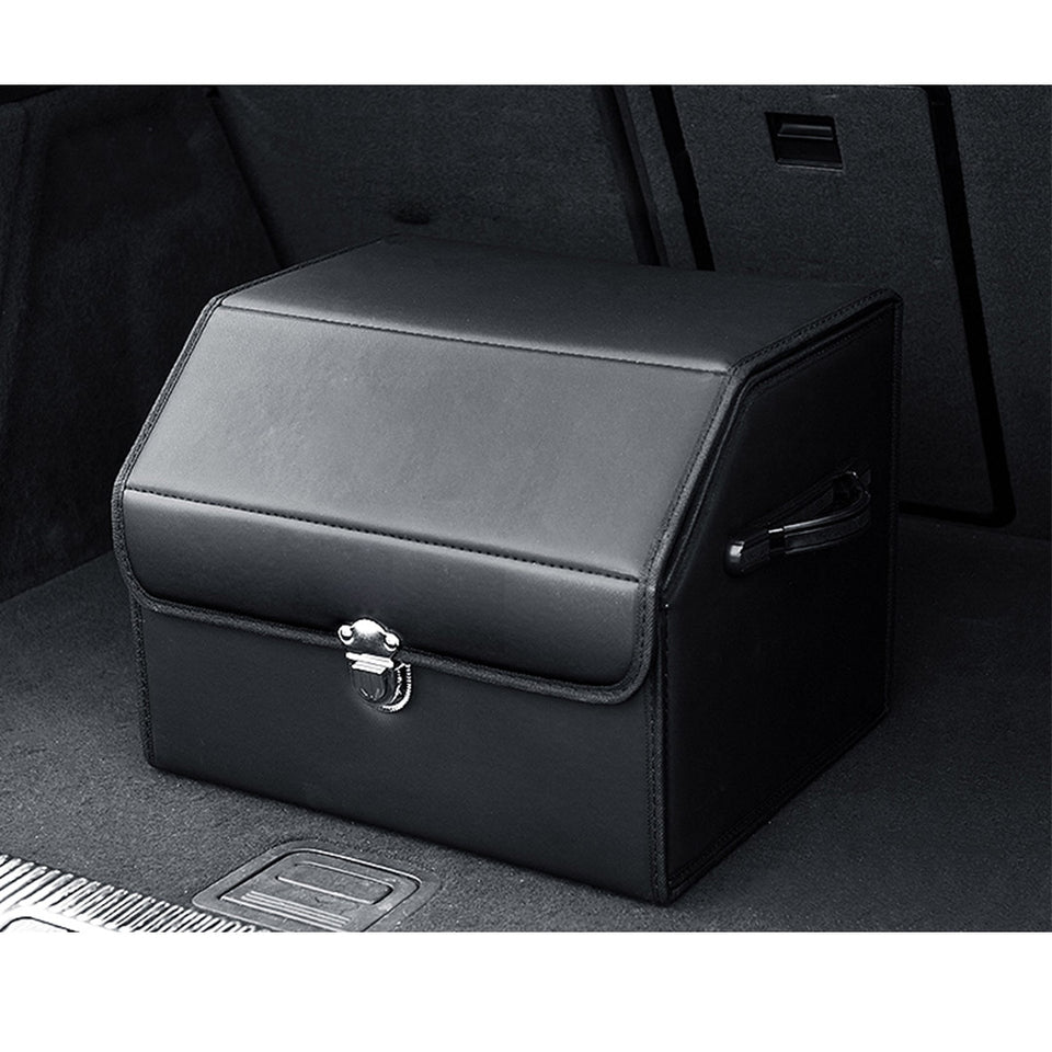 SOGA Leather Car Boot Collapsible Foldable Trunk Cargo Organizer Portable Storage Box With Lock Black Small