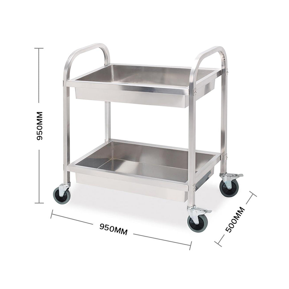 SOGA 2X 2 Tier Stainless Steel Kitchen Trolley Bowl Service Food Cart Large 95x50x95cm
