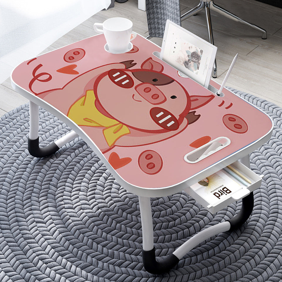 SOGA 2X Cute Pig Design Portable Bed Table Adjustable Foldable Bed Sofa Study Table Laptop Mini Desk with Drawer and Cup Slot Home Decor