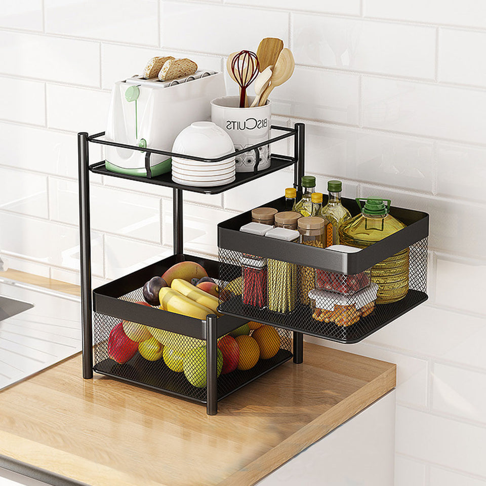 SOGA 2X 2 Tier Steel Square Rotating Kitchen Cart Multi-Functional Shelves Storage Organizer with Wheels