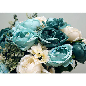 SOGA 3pcs Artificial Silk with 15 Heads Flower Fake Rose Bouquet Table Decor Blue