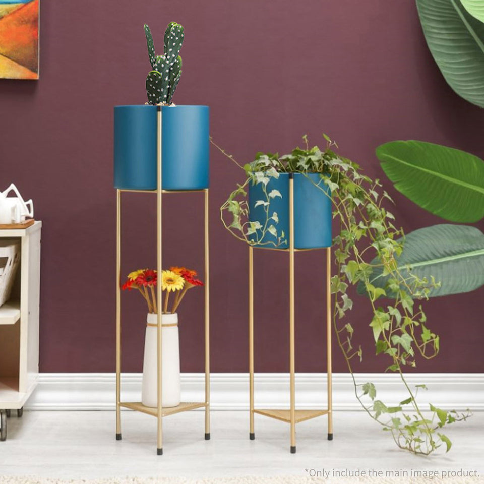 blue plant pot with stand SOGA 2 Layer 81cm Gold Metal Plant Stand with Blue Flower Pot Holder C – buyinaus