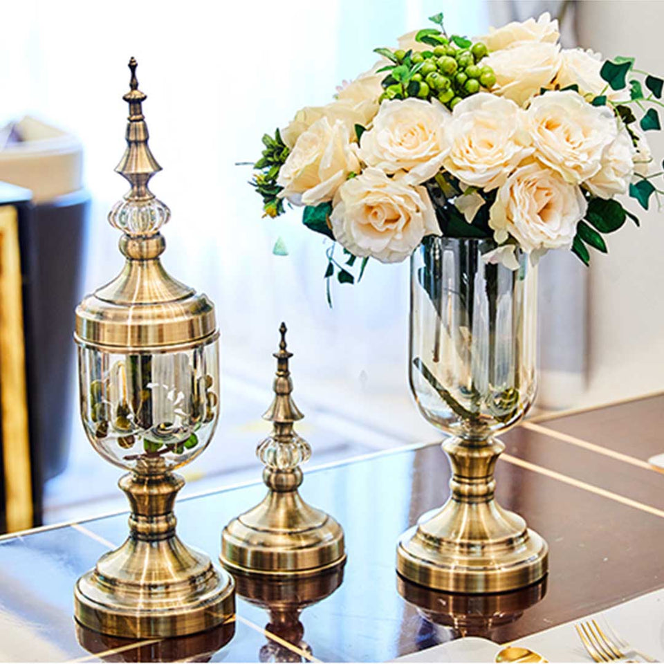 SOGA 2x Clear Glass Flower Vase with Lid and White Flower Filler Vase Bronze Set