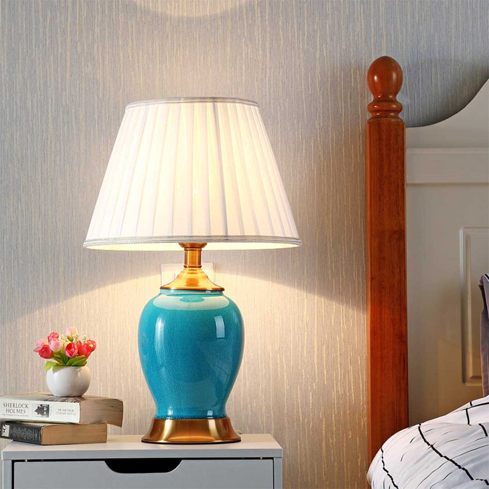 SOGA Ceramic Oval Table Lamp with Gold Metal Base Desk Lamp Blue