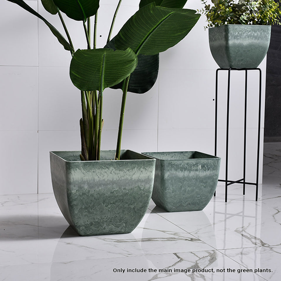 SOGA 2X 32cm Green Grey Square Resin Plant Flower Pot in Cement Pattern Planter Cachepot for Indoor Home Office